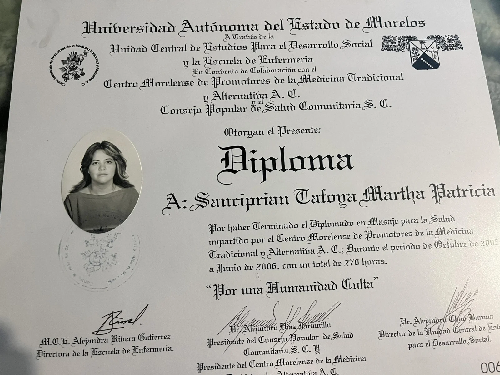Diploma de Masaje para la Salud UAEM de Martha Patricia Sanciprian Tafoya